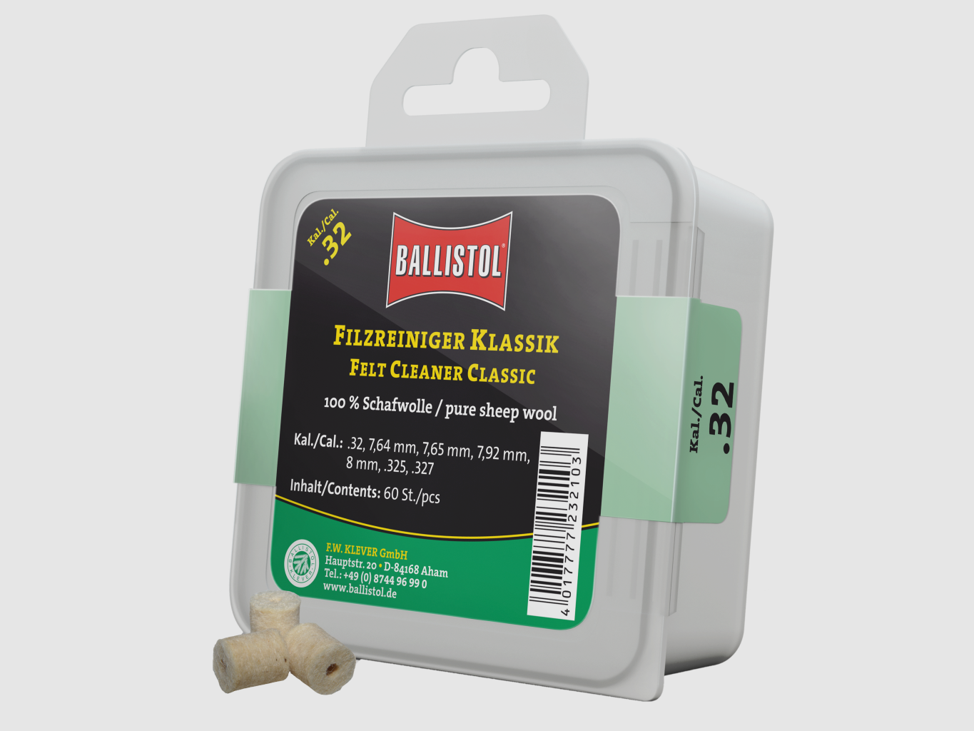 Ballistol Filzreiniger Klassik, Kal. .32, 60 Stk. (für Kal. .32, 7.64mm, 7.65mm, 7.92mm, 8mm, .325, .327), Bild 1 von 2