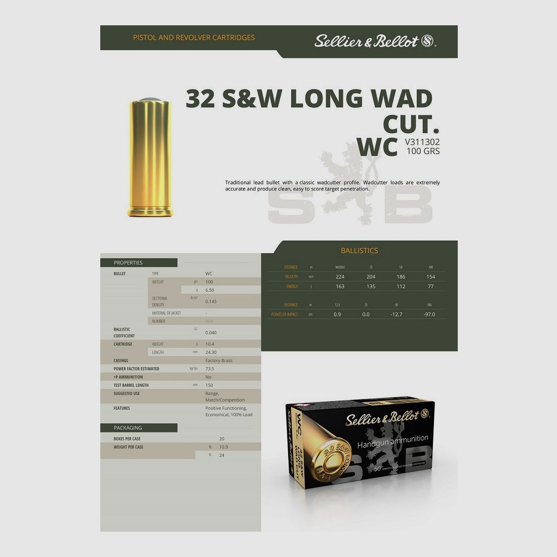 S&B MUNIZIONE CALIBRO .32 S&W Long WC 100 GRS x 500, immagine 2 di 3