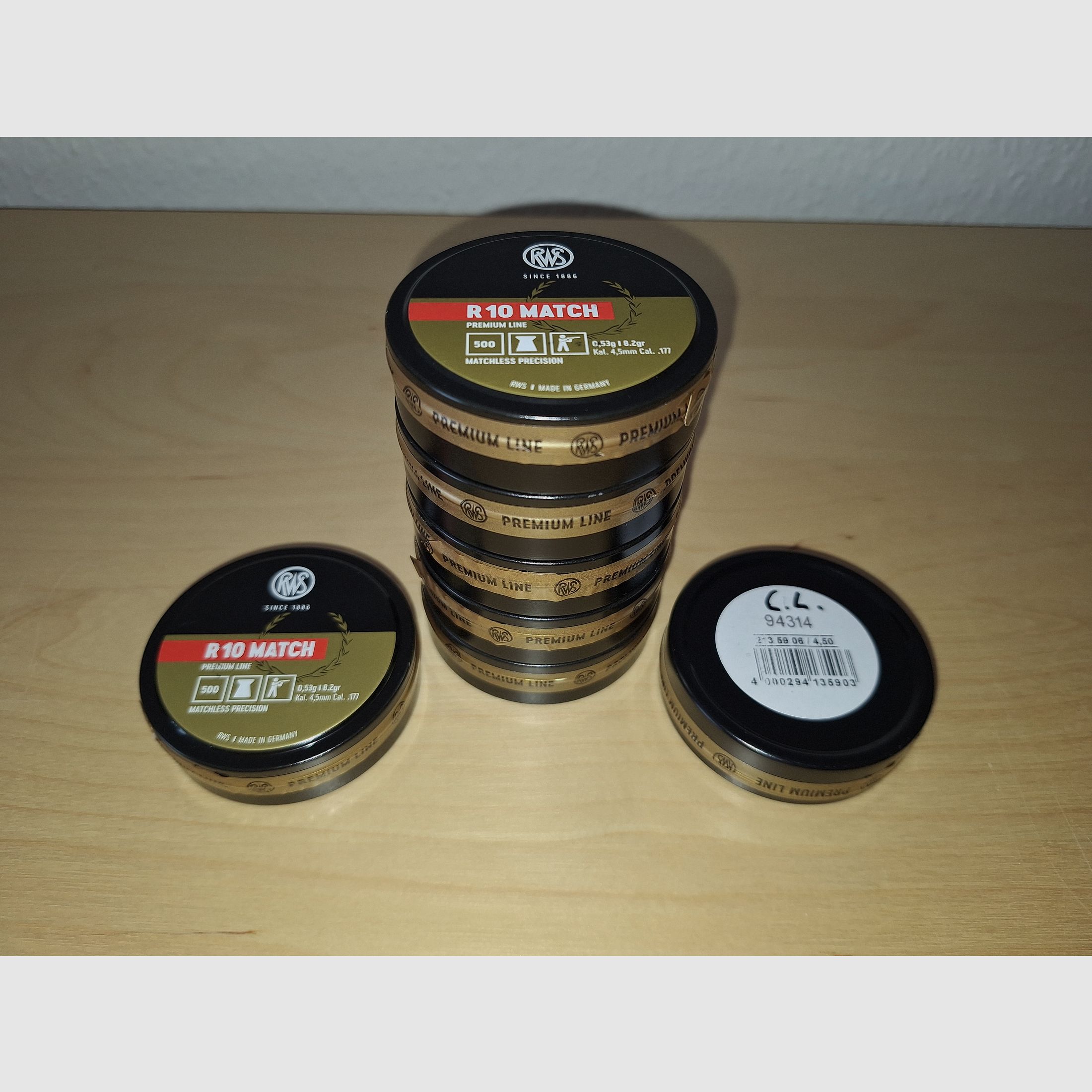 7 Stück Versiegelte Dosen a. 500 Stück RWS R 10 MATCH Premium Line 0,53 g 8,2gr Ø 4,50  Charge Nummer: 94314.