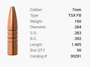 Balas Barnes 7mm/.284 160GR TSX FB 50 piezas