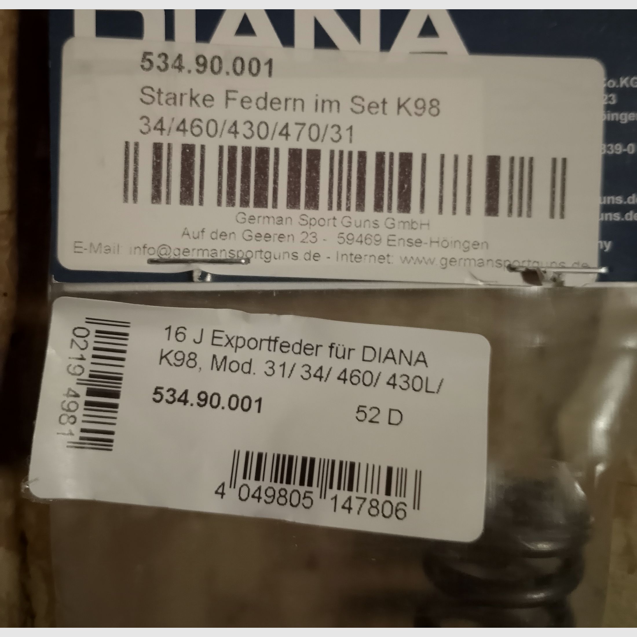 16 J Exportfeder für DIANA K98 Mod. 31/ 34/ 460/ 430L/ 470th neu Feder Unterhebelspanner Kipplauf Luftgewehr 