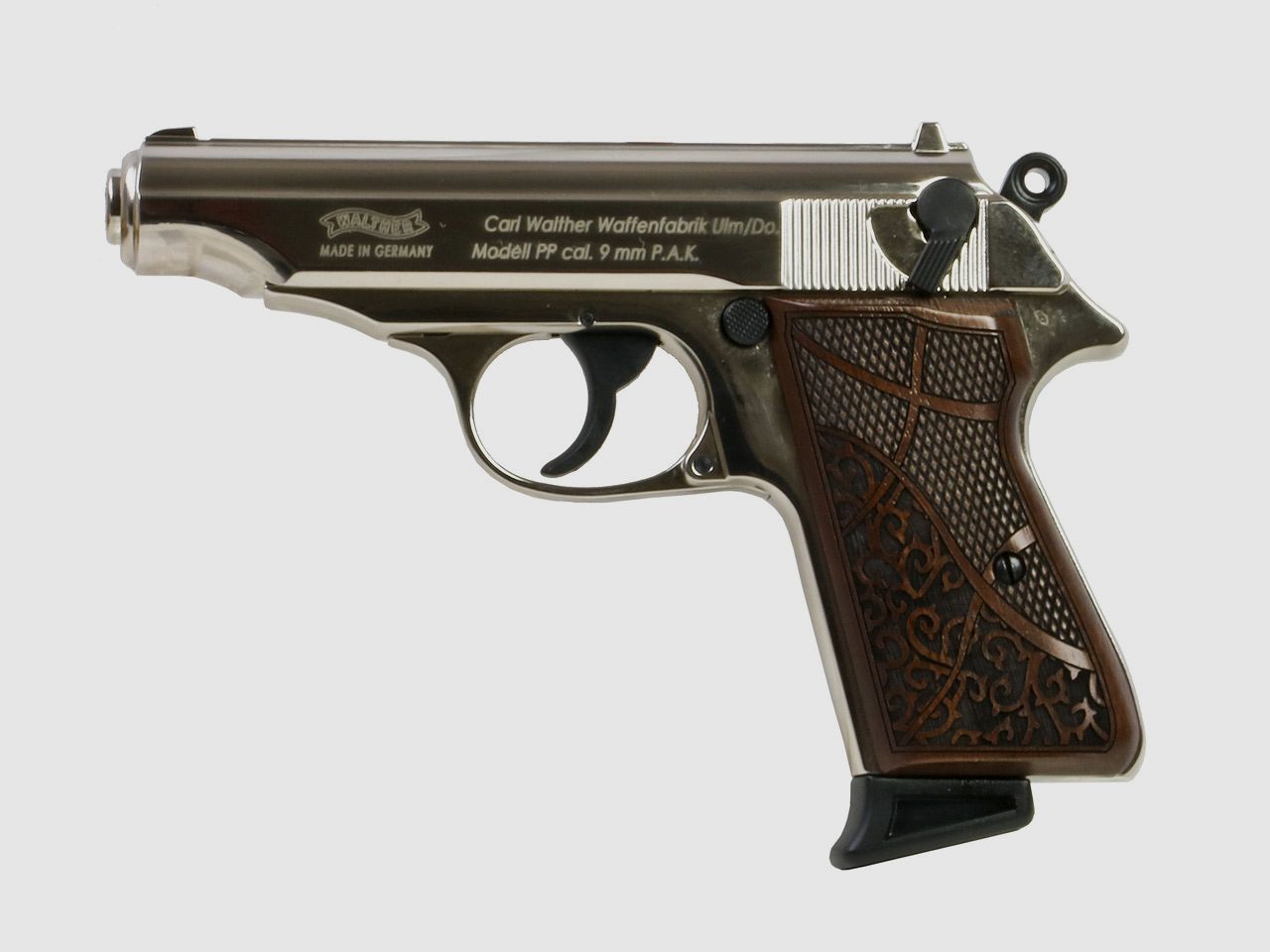 Holzgriffschalen fĂĽr Schreckschuss-, Gas-, Signalpistole Walther PP Fischhaut und Muster