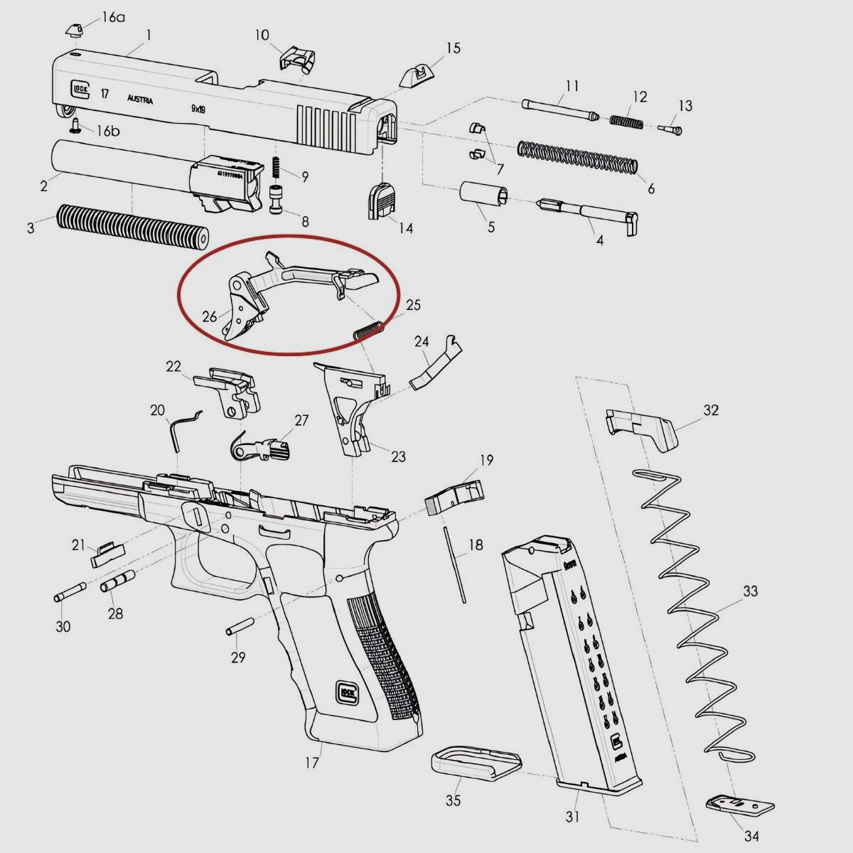Glock - Szyna spustowa + Spust - Gen.3 - OEM 357, zdjęcie 4 z 4