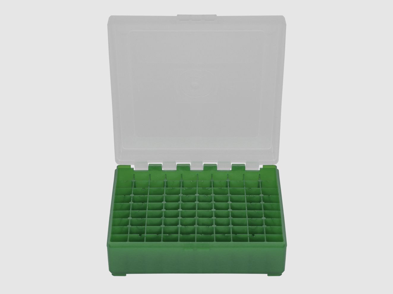 Grüne Aufbewahrungsbox mit transparentem Deckel für 100 Munitionen Kal. 9mm, Bild 1 von 2