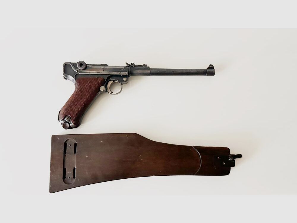 DWM Mod. Ari-08 pistola lunga con calcio, caricatore a tamburo 32 colpi 9mm Luger
