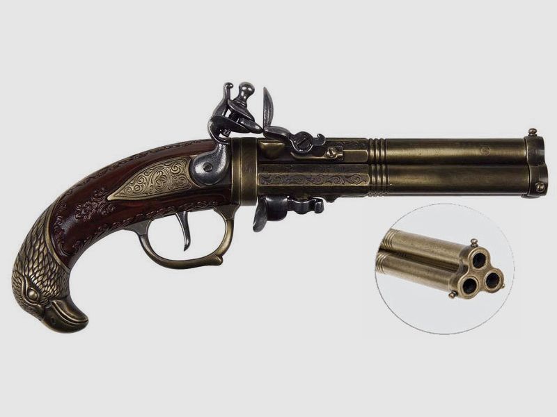 Three-barreled flintlock pistol and eagle head