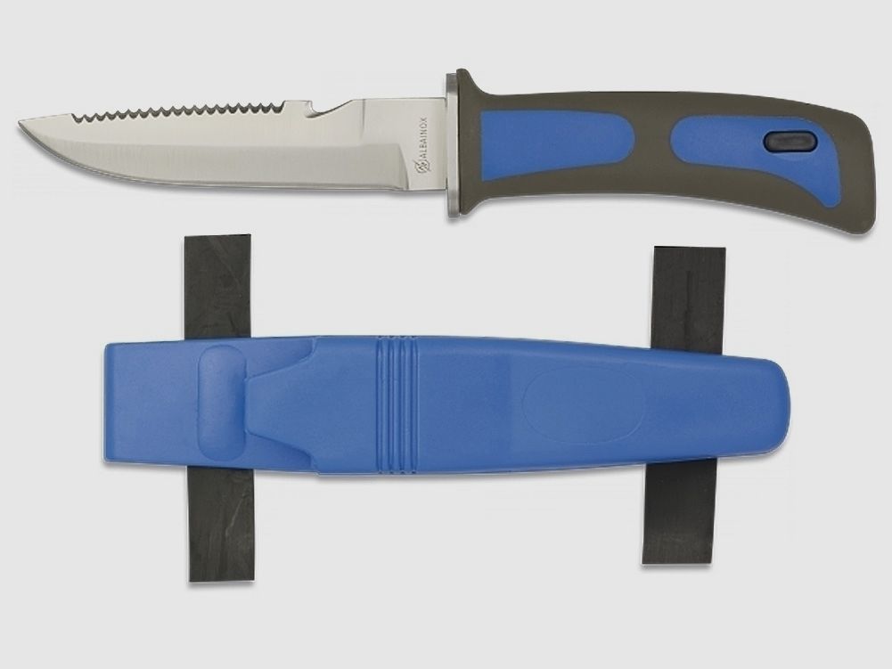 Cuchillo de buceo con sierra y cortador, goma para la pierna, AZUL