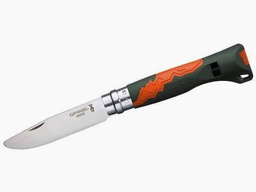 Opinel Kindertaschenmesser Nr. 7 OUTDOOR JUNIOR, Stahl 12C27, abgerundete Spitze, khaki/orangefarbener Polyamid-Griff,