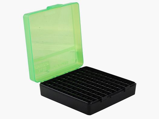 MTM cartridge box P-100-9-16T green/black with flip lid for 100 cartridges 9mm and below.