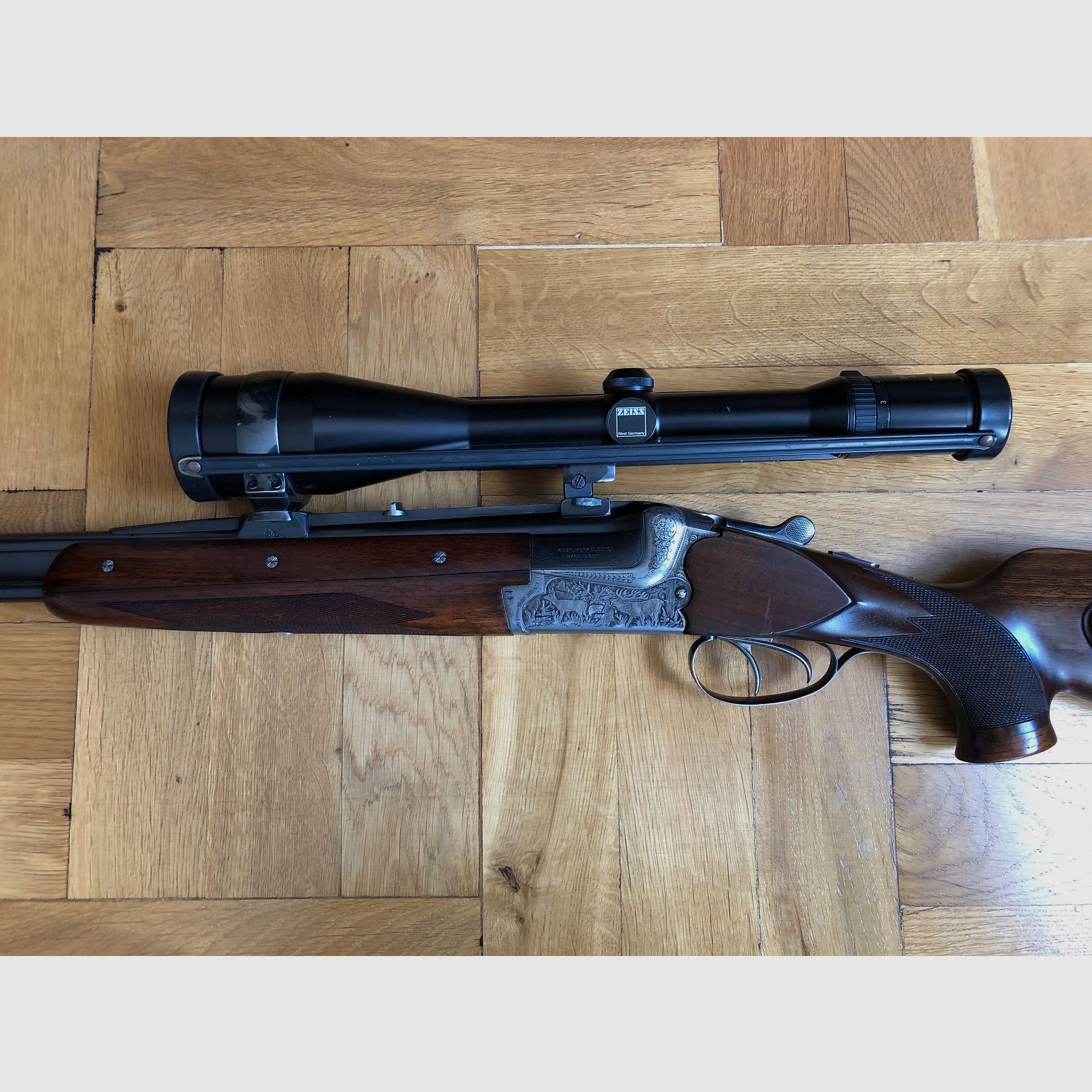 Bockdoppelbüchse Merkel BDB 221E 8x57JRS / Zeiss Diavari 3-12x56 (incl. verwisselbare lopen: BBF 7x57 R & 12/70 en BF 12/70 ) Bj. 1988