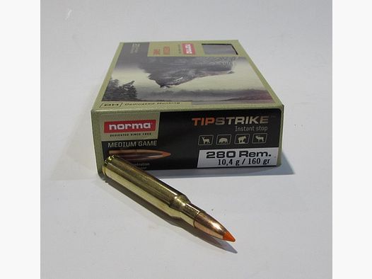 Box of 20 cartridges caliber 280 Remington Norma Tipstrike 160 grains