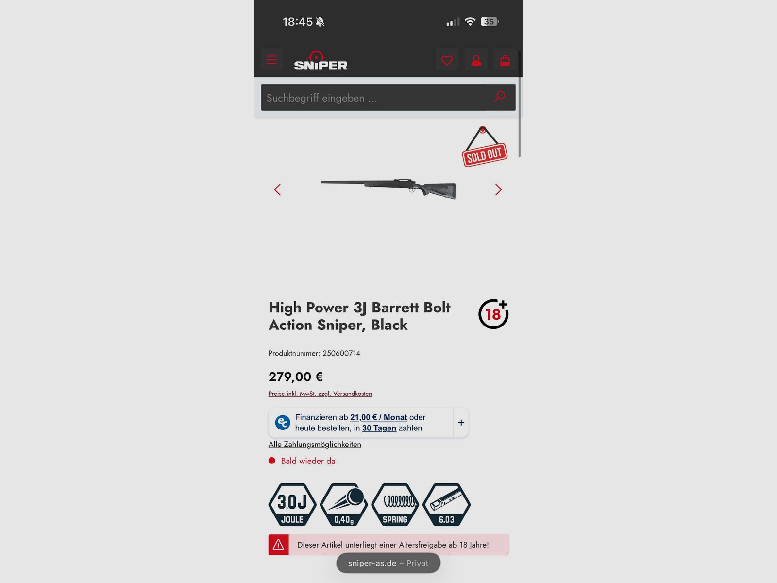 High Power 3J Barrett Bolt Action Sniper, Schwarz