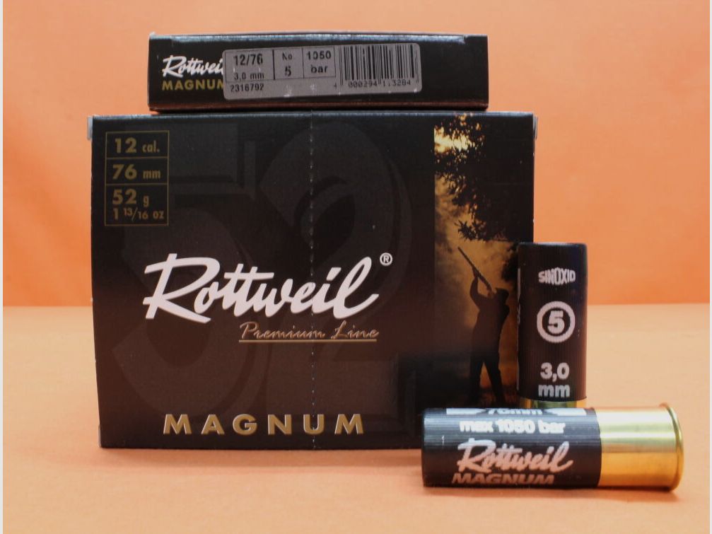 Cartucho Rottweil 12/76 Rottweil 52g 3,0mm/ No.5 (2316792) VE 10 cartuchos (Magnum Premium Line), imagen 1 de 2