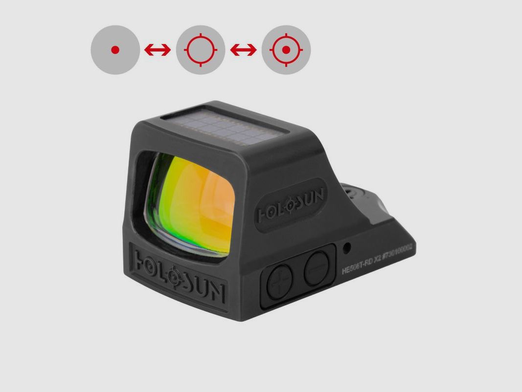 Holosun Reflexvisier HE508T-RD-X2-Black mit rotem Wechselabsehen: 2MOA Dot, 32MOA Circledot & 32MOA Circle, Bild 1 von 2