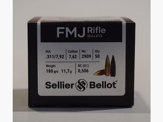 boite 50 ogives sellier bellot cal 0.311 FMJBT 180 grains
