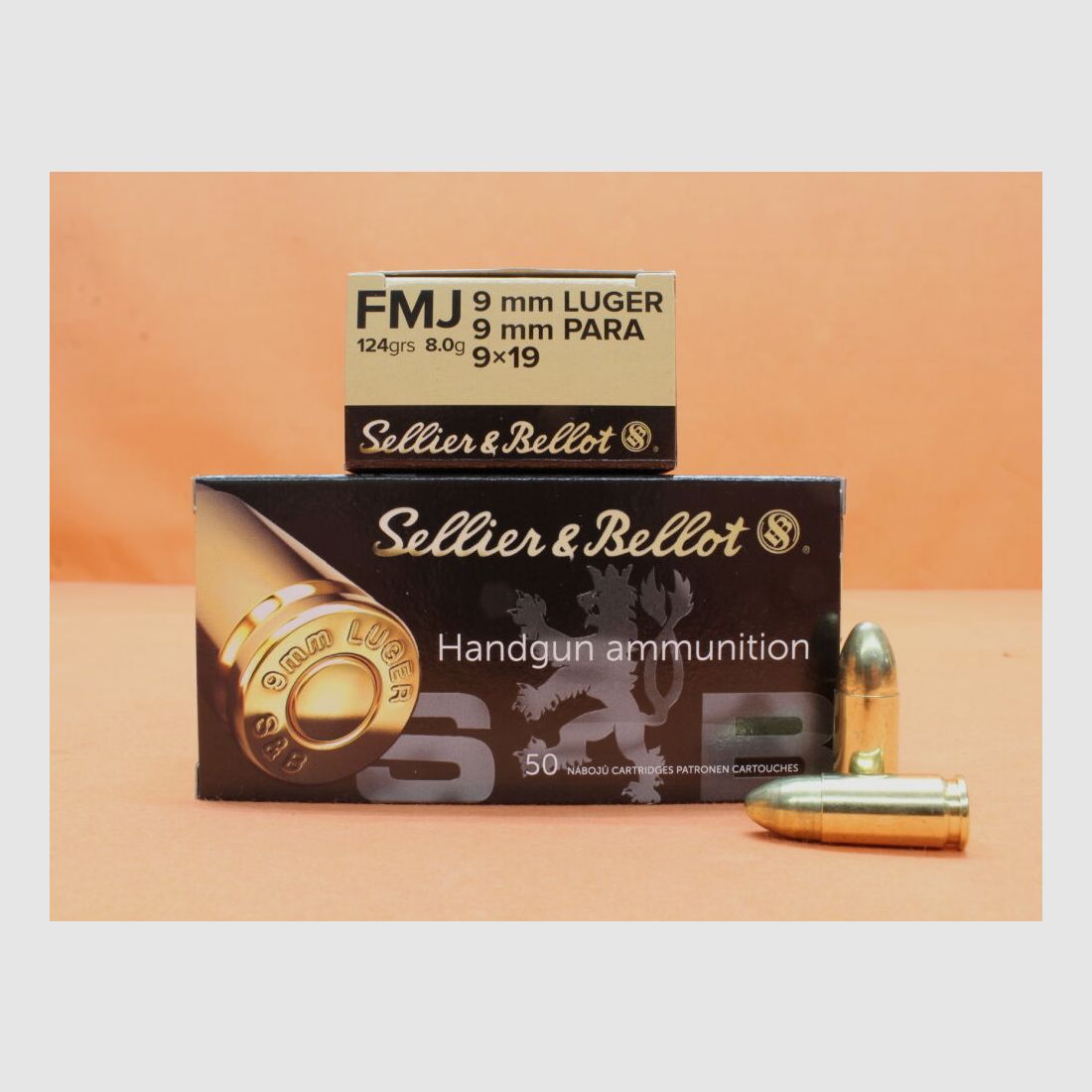 <S&B/ Sellier&Bellot cartucce 9mm Luger S&B/ Sellier&Bellot 124grs FMJ VE 50 cartucce/ 8,0g palla intera>