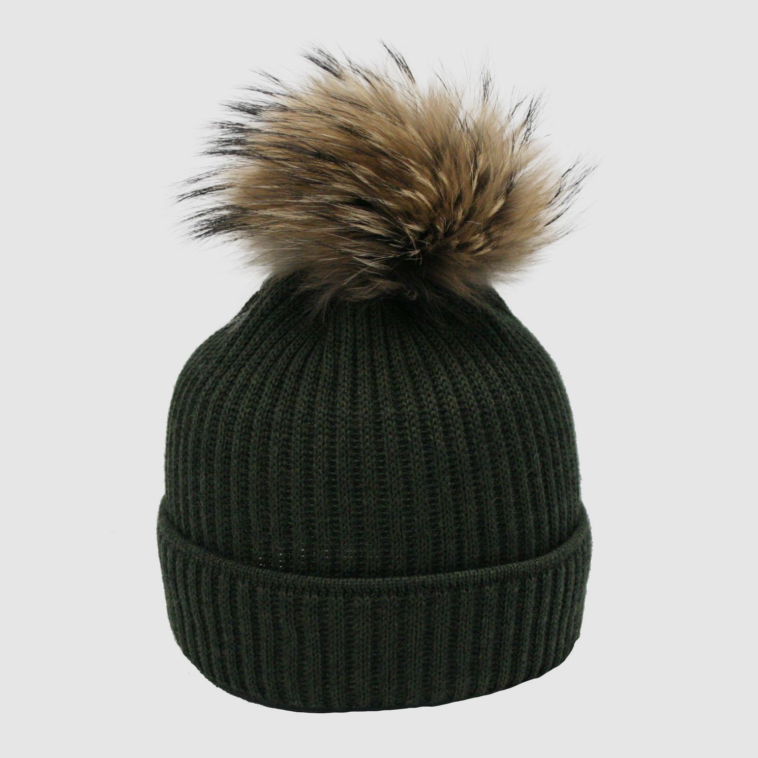 Cappello in maglia Merino con pompon in pelliccia vera e motivo a coste