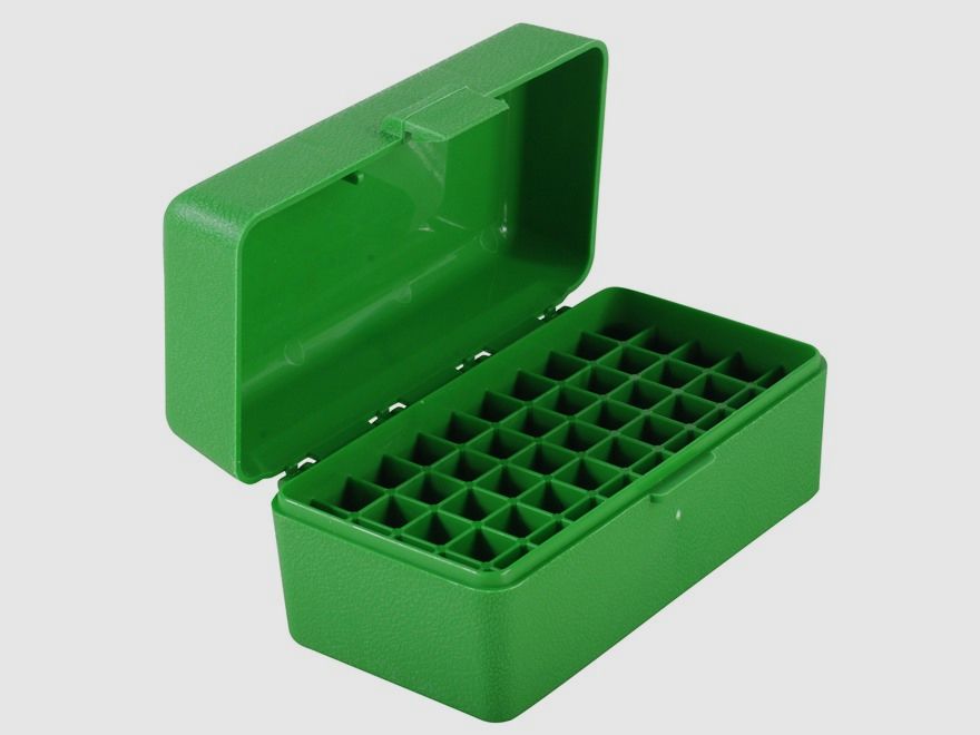 MTM scatola per cartucce RS-S-50-10 verde con coperchio a ribalta per 50 cartucce .22 PPC e altre.