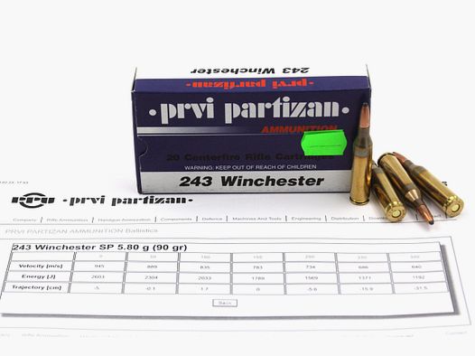 Prvi Partizan, 243 Winchester, SP, 90 gr 5.8g., 20 Stk.