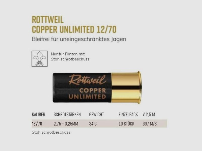 ROTTWEIL Schrot BLEIFREI 12/70 Copper Unlimited 34g 10 Stk  2,75mm #6    Stahlb.