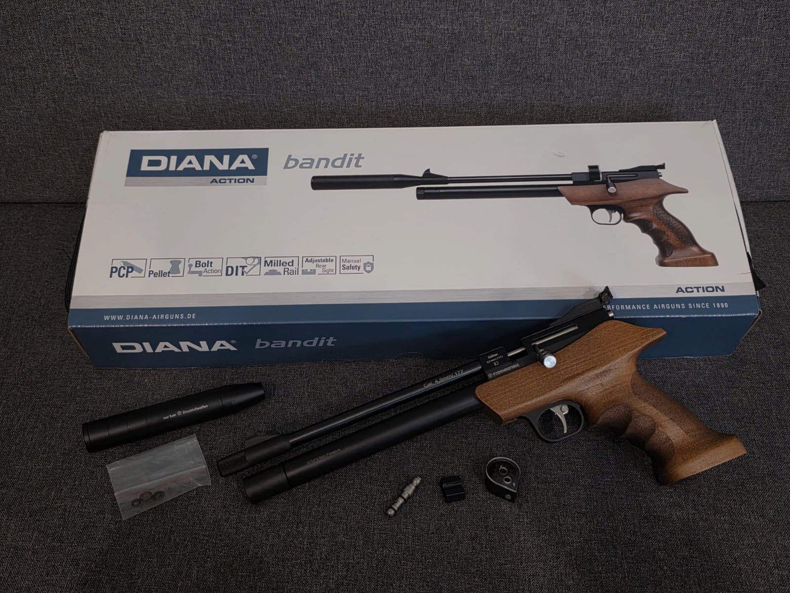 Pistola ad aria compressa Diana Bandit con regolatore 4,5 mm Diabolo .177 con silenziatore