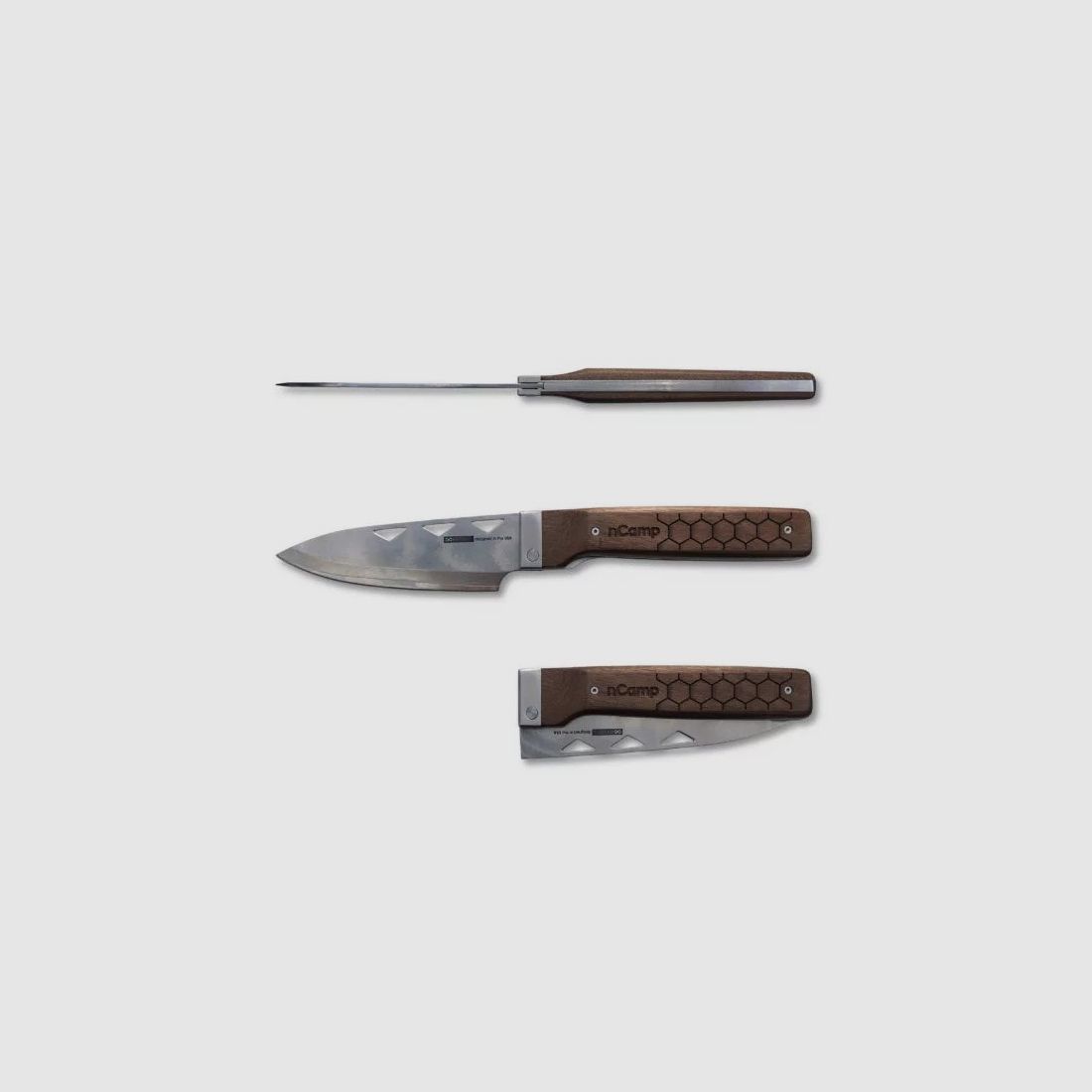 nCamp Elite Chefkochmesser (Damastklinge/Walnussholzgriff) mit Lederetui