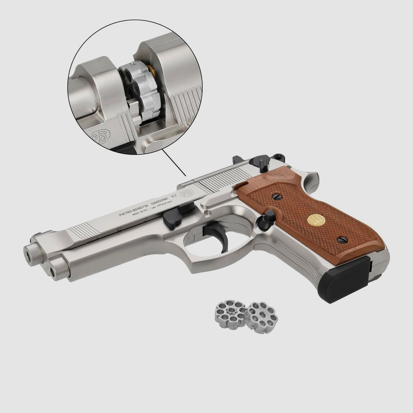 Luftpistolenset Beretta M 92 FS 4,5 mm Diabolo Nickel / Holzgriffschalen (P18) Co2-Pistole + 1000 Diabolos + 10 Co2-Kapseln Umarex