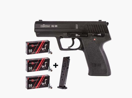 Pistola de fogueo Röhm RG 96 en acabado azulado conjunto de cartuchos de fogueo