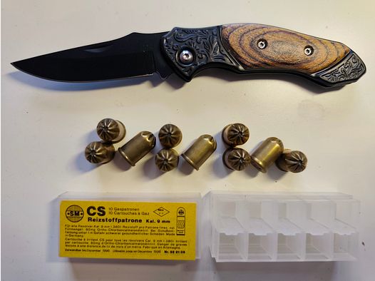 Cartuchos de gas CS de SM 9mm RK 10 piezas para revólver + pequeño cuchillo de bolsillo