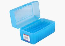 MTM cartridge box RM-50-24 blue clear with flip lid for 50 cartridges .22-250 - .308 and others.
