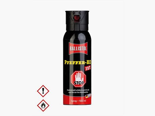 100ml Hochw. Pfefferspray K.O. JET Direktstrahl – 11 % OC / 2,5 Mio. Scoville v. Ballistol - Abwehr