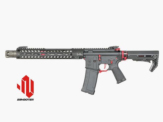 Strike Industries 13.5" Raiders Competition S-AEG Rifle mit Eshooter ETU, rote Elemente