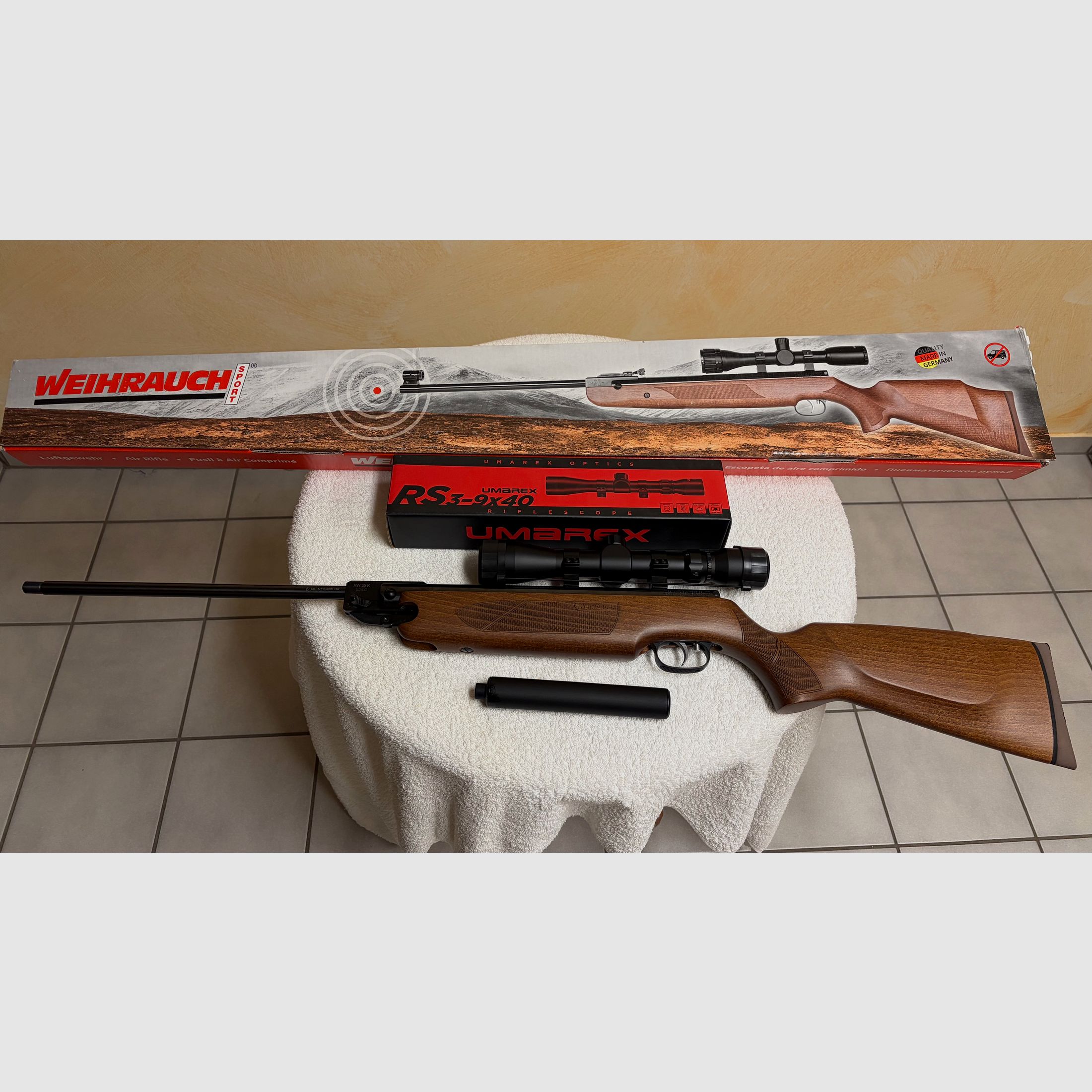Fucile ad aria compressa: Weihrauch KW 35 K con silenziatore e telescopio Umarex RS 3-9x40, nuovo e mai usato,