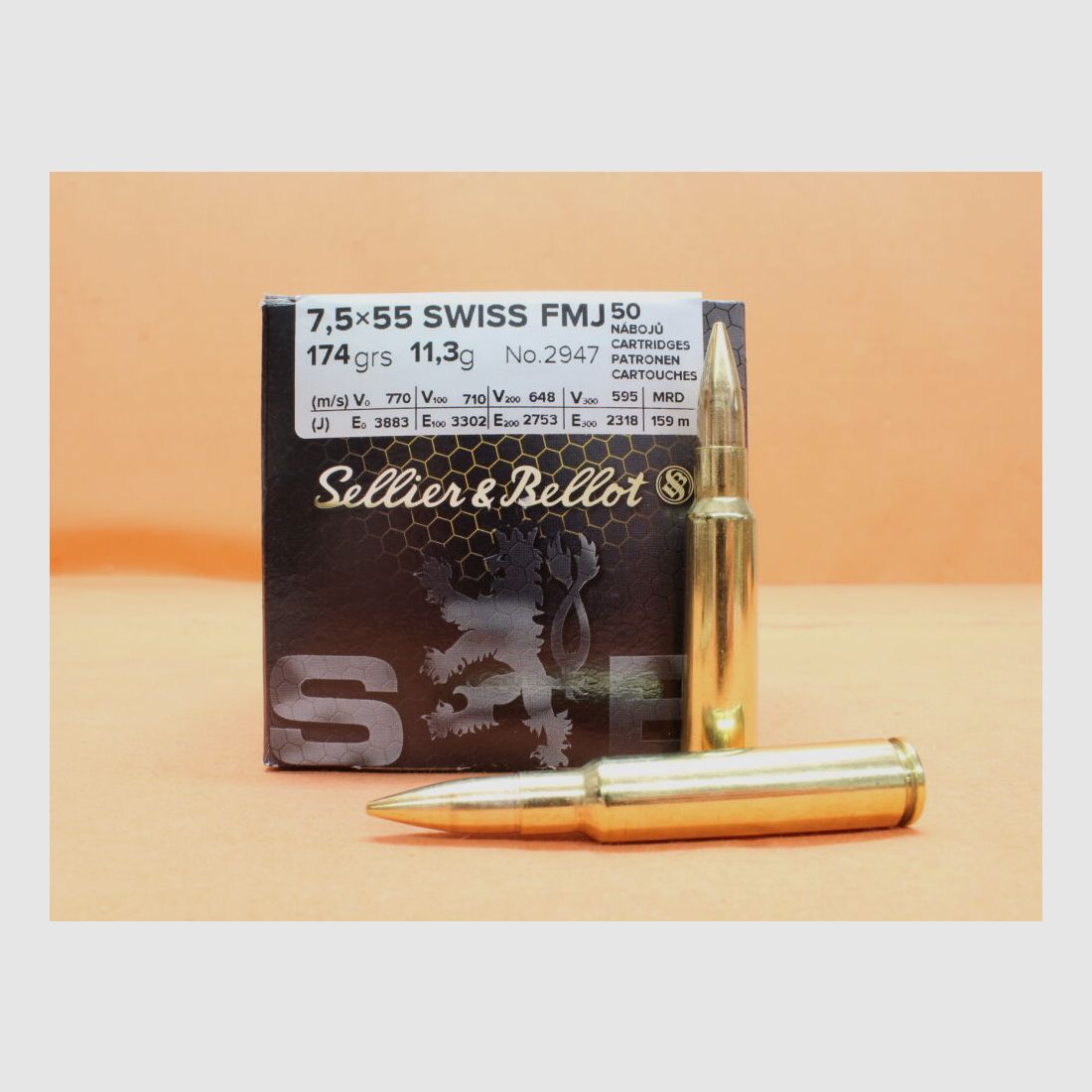 S&B/ Sellier&Bellot @Patrone 7,5x55 S&B/ Sellier&Bellot 1474grs FMJ (2947) VE 50 cartuchos/ 11,3g Full Metal Jacket