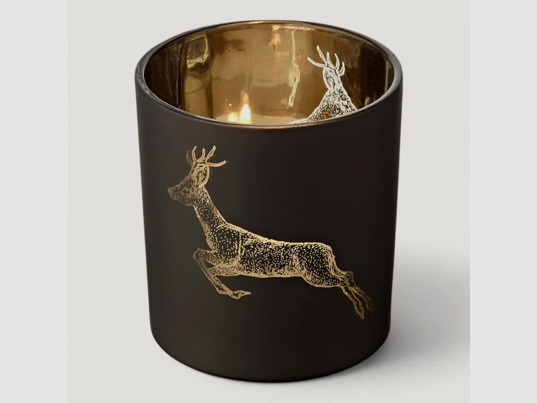 Teelichtglas Rehbock grün/gold