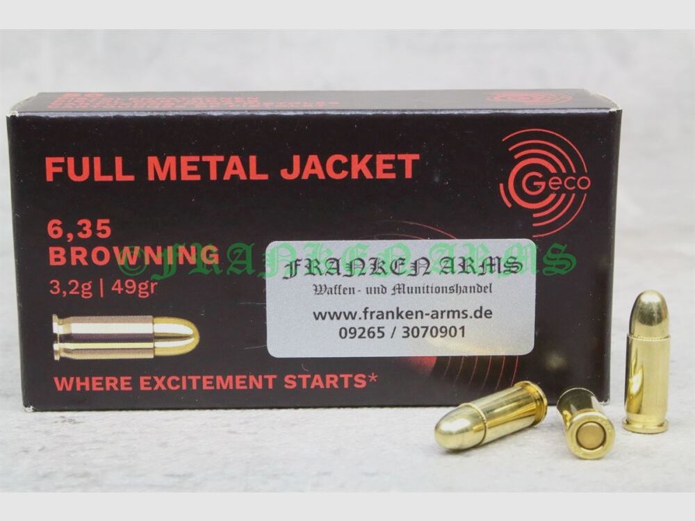 Geco 6,35 Browning FMJ 49gr. 3,2g 50 pièces Prix dégressifs