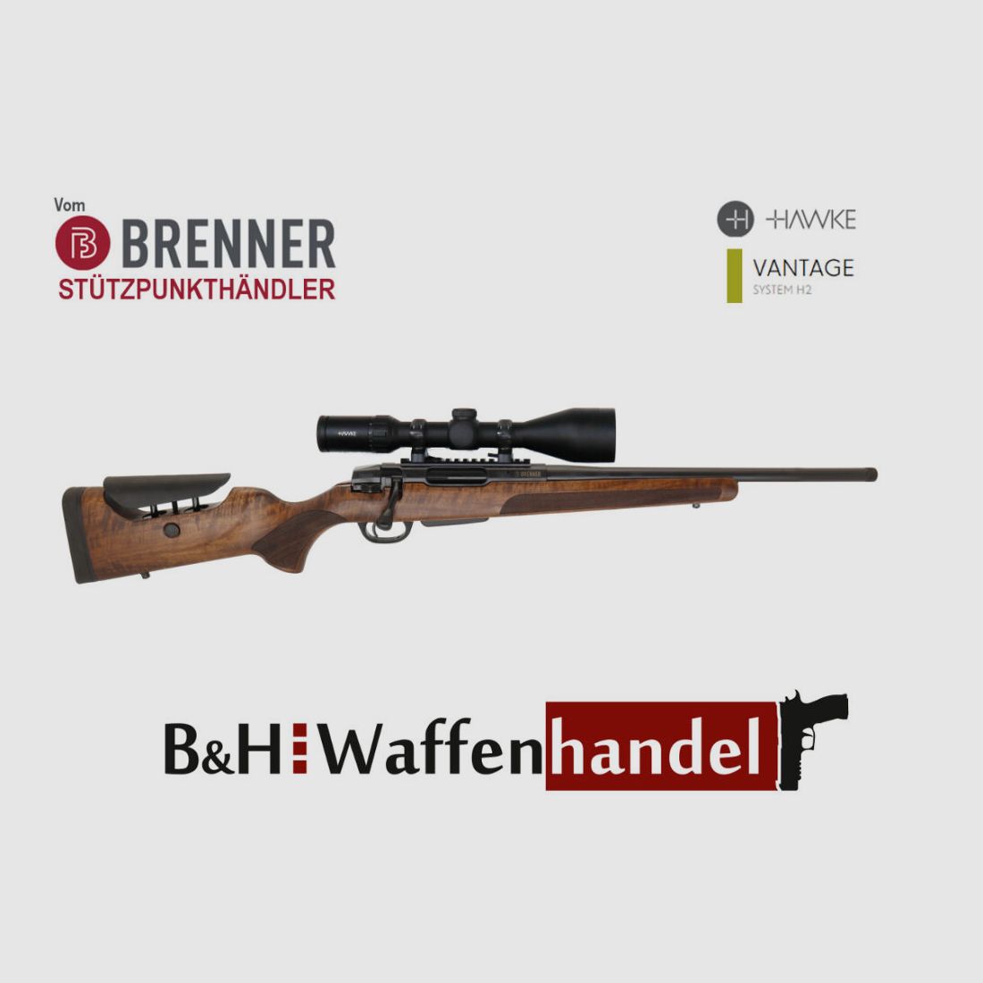 Brenner Komplettpaket:	 BR20 L.E. (Nussbaum, verstellbarer Schaftrücken) mit Hawke 3-12x56