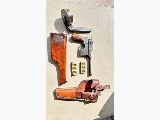 Mauser Mod. C96 con caricatore a tamburo, calcio ngl, fondina originale 7,63mm Mauser