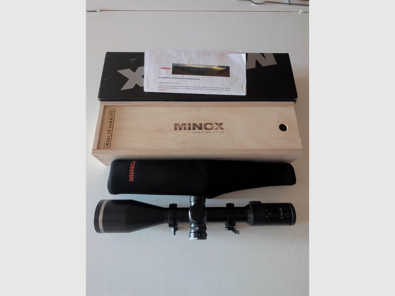 Minox ZE5i 3-15x56 with Recknagel ERA mounting rings, image 1 of 2
