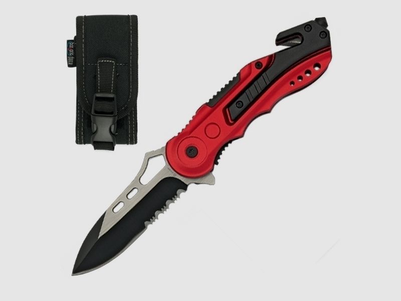 Couteau de sauvetage Power, couteau de poche avec lame partiellement ondulée et étui en nylon