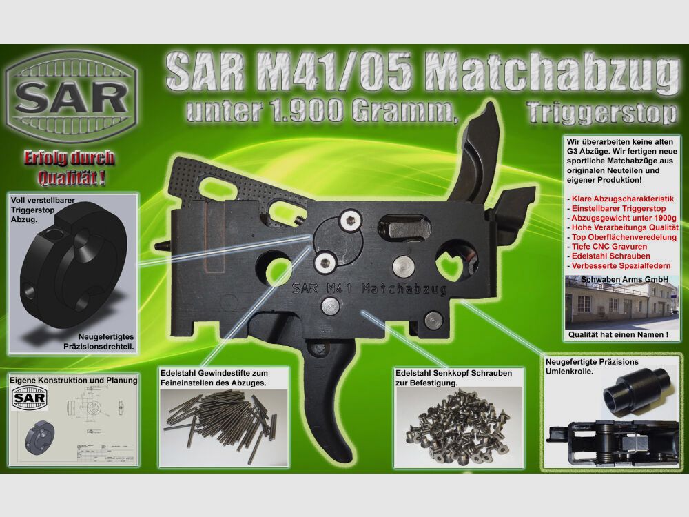 Schwaben Arms GmbH	 SAR M41/43 Matchabzug unter 1900 Gramm Triggerstop für HK33 ähnlich Waffen Heckler&Koch HK43,MKE T43