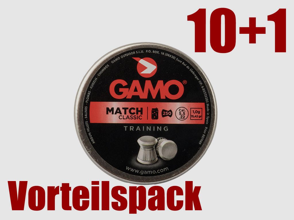 Vorteilspack 10+1 Flachkopf Diabolos Gamo Training Match Classic Kaliber 5,5 mm 1,0 g geriffelt 11 x 250 Schuss