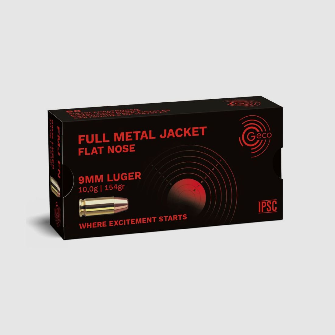 Geco 9mm Luger Full Metal Jacket Tête Plate 154gr 50 Cartouches