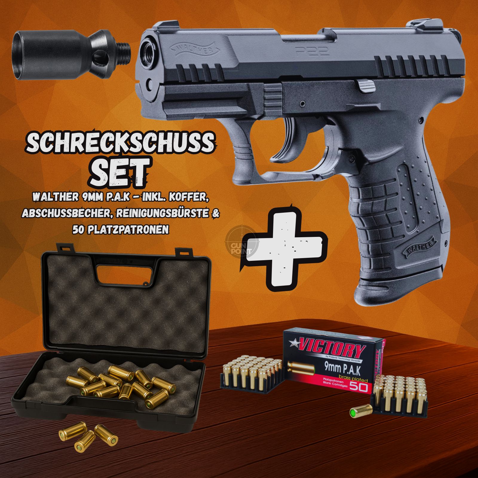 Schreckschuss SET - Gas Signal Pistole - Walther P22 - 9 mm P.A.K. inkl. Koffer & 50 Schuss Munition