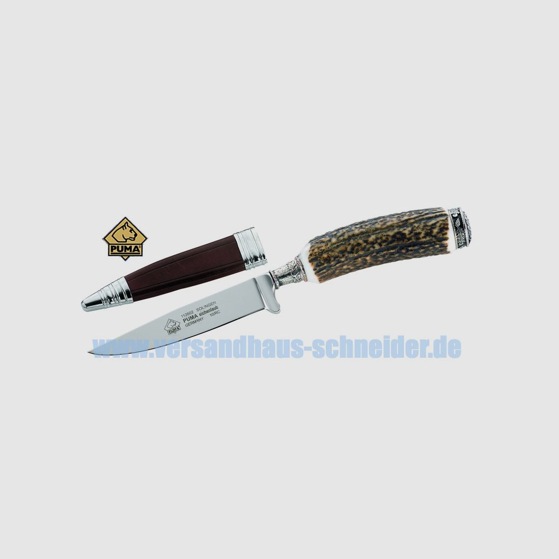Puma Jagdmesser, Modell Eichenlaub, Stahl 1.4116, Hirschhorn , Lederscheide P18)