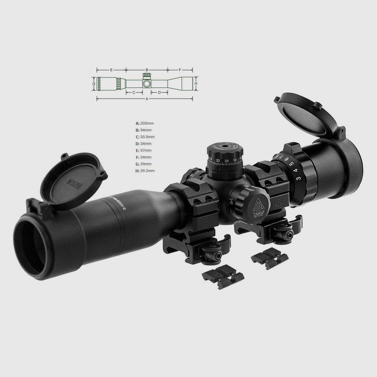 Zielfernrohr UTG BugBuster 3-12x32 Side AO, 1 Zoll Tubus, Mil Dot Absehen, Weaver-, Picatinny + 11 mm Montage