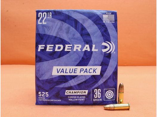 Federal cartridges .22lr Federal 36grs HP (745) VE 525 cartridges (HV: 1260fps) Champion copper plated/ 2.33g hollow point copper plated