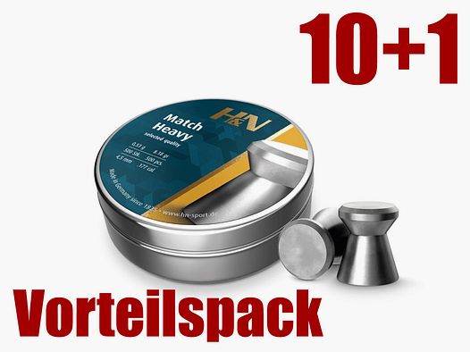 Vorteilspack 10+1 Flachkopf Diabolos H&N Match Heavy Kaliber 4,5 mm 0,53 g glatt 11 x 500 StĂĽck