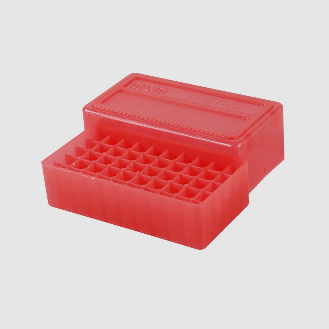 Boîte à cartouches MTM E50-38-29 rouge transparent avec couvercle pour 50 cartouches .38 Spec. et autres.