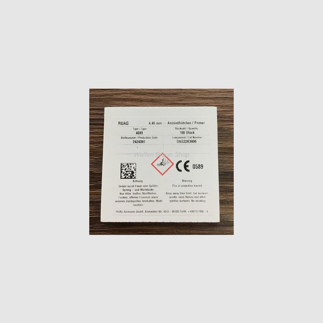 RWS SN Ambosszündhütchen Nr.4033 para cartuchos de rifle de pequeño calibre 4,45